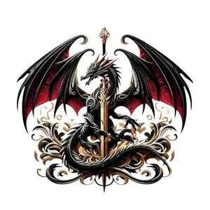 Two vinyl decals: one dragon and one sword, on a black background