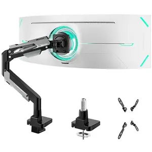 ARES WING heavy duty monitor arm holding a large ultrawide curved monitor on a desk