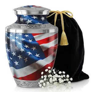 Aluminum urn with American flag design, threaded lid