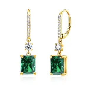 14k gold plated leverback earrings with rectangular emerald green cubic zirconia, elegant drop