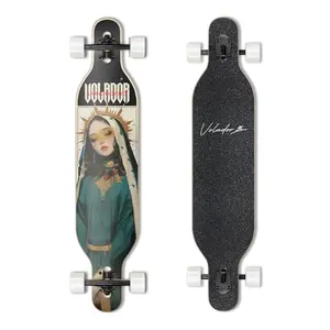 VOLADOR 42-inch longboard with mary graphic, seen from top down.