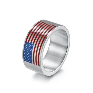 SMANXEY American Flag 10mm wide band titanium steel ring with blue stars and red stripes, silver and gold options