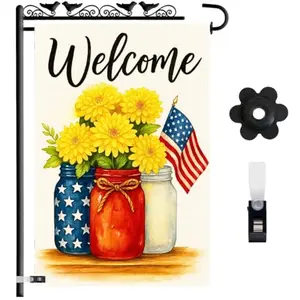 Patriotic garden flag 12x18 burlap double sided with american flag and sunflower design