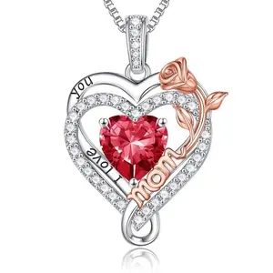 Iefil sterling silver necklace with double rose design and simulated ruby heart