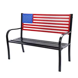 American flag design metal bench on a patio