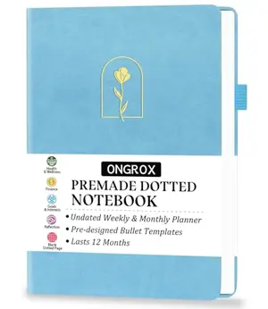 ONGROX blue bullet journal with premade templates, closed with elastic band