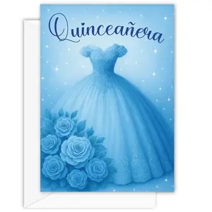 Blue quinceanera card with dress and flower design
