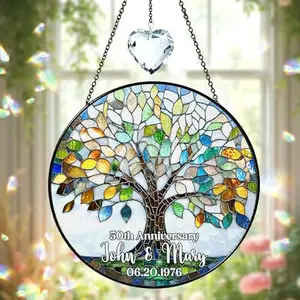 Personalized crystal stained glass suncatcher with tree of life design