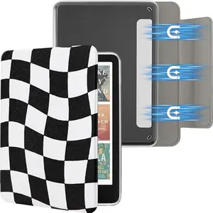SESENSE detachable case for Kindle Paperwhite with checkerboard pattern, front cover detached showing clear back