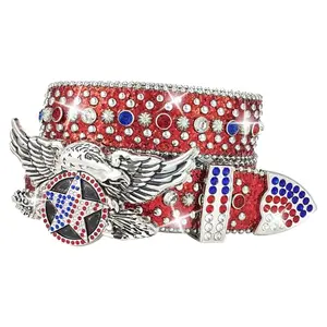 Rhinestone American flag belt with eagle and star buckle by FAYZSOWSR sparkly western fashion