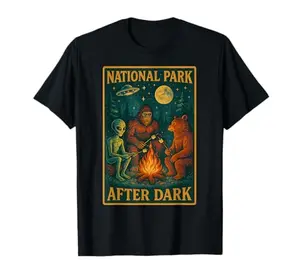 National park after dark t-shirt with alien bigfoot and bear design