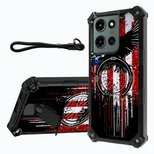 BFDHGQZC case with eagle flag design, wrist strap attached, kickstand deployed