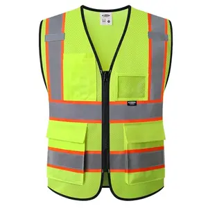 Yellow safety vest with orange stripes and multiple pockets
