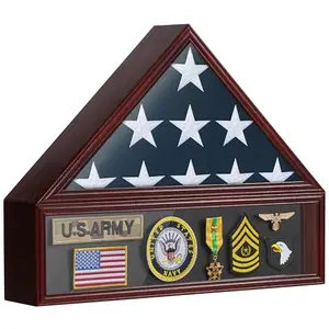 Mahogany triangular flag display case with acrylic front, holding a folded 3x5 flag on a mantelpiece.