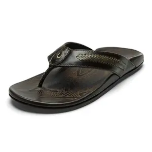 OLUKAI Mea Ola Mano men's dark Java leather sandal with laser-etched shark artwork