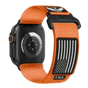 Close-up of rugged nylon stars and stripes Apple Watch band with stainless steel hardware