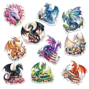 Colorful vinyl stickers of dragons reading books and surrounded by flowers