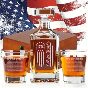 Personalized whiskey decanter set with 2 glasses in a wooden gift box, 1776 patriotic engraving.