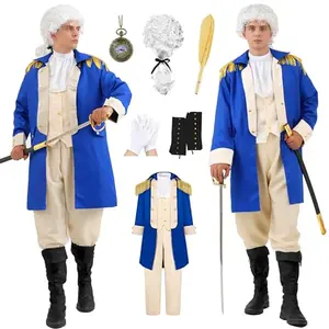 Man wearing Akokvlar George Washington costume with colonial jacket, wig, and accessories
