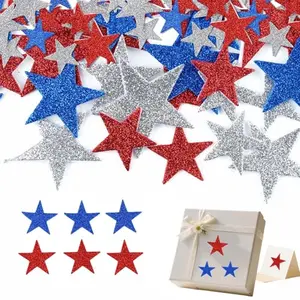 Set of 100 patriotic glitter foam star stickers in red, blue, and silver for DIY projects