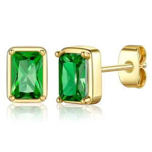 Small gold stud earrings with round emerald green stone, delicate birthstone jewelry