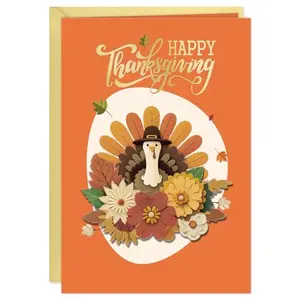 FLYAB Happy Thanksgiving Card - Gold Foil Thanksgiving Cards with Envelope Grateful Turkey Design Gift