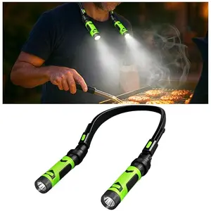 Griller wearing Lazukes neck light while cooking on a BBQ