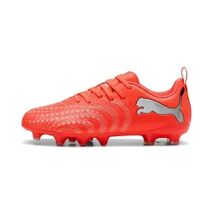 PUMA Future 9 Play youth soccer cleat in red, white, black, and silver