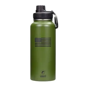 Chacon Tactical 32oz army green water bottle with black American flag design and screw-top carry handle