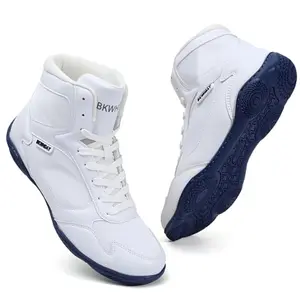 White and blue BKWHDAY high-top wrestling shoes with reinforced stitching