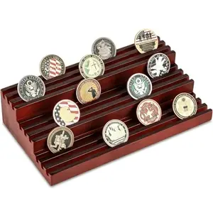 Ladder style wooden coin display stand in mahogany finish with nine tiers