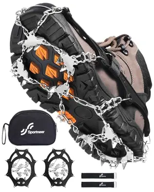 Sportneer 28-spike crampons on a mountaineering boot