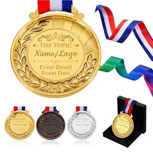 Thick custom engraved medal with rainbow-colored ribbon
