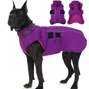 Purple IKIPUKO waterproof dog coat with built-in harness on a large dog