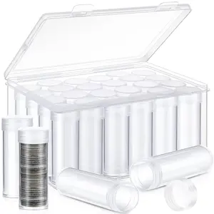 24 clear quarter coin tubes with rotatable lids and a plastic storage box