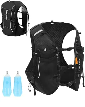 sportsnew black hydration backpack with soft flasks and many pockets