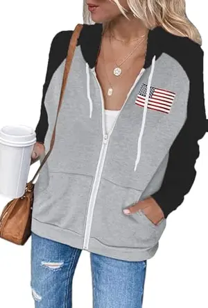 Ezbelle Women's Color Block Zip Up Hoodie with American Flag Graphic
