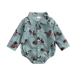 Blue baby boy romper with camo pattern and horse boot details, ruffled bottom