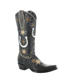Black leather cowboy boots with gold stars and silver horseshoes
