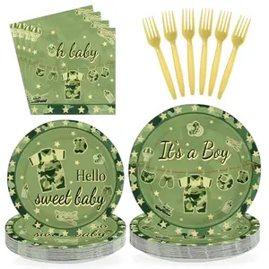 Greencian camouflage baby shower plates and napkins set with 'It's a Boy' design on a wooden table