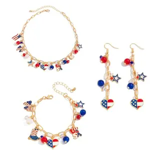 4th of July patriotic jewelry set with drip oil flag design necklace, earrings, bracelet, and pendant