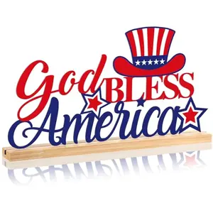 Roowest metal God Bless America sign with wooden base on entryway table