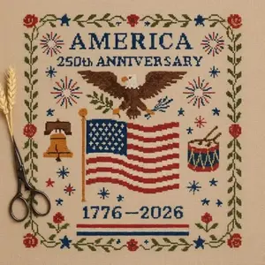 Generic 250th Anniversary Cross Stitch Kit featuring eagle and Liberty Bell on stamped fabric