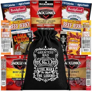 ManSnacks beef jerky gift basket in reusable jute bag filled with jerky sticks and packs