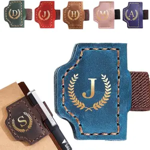 Personalized leather magnetic bookmark with pen holder and initial J in blue