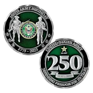 Army 250th anniversary challenge coin with dual-sided design on a black background