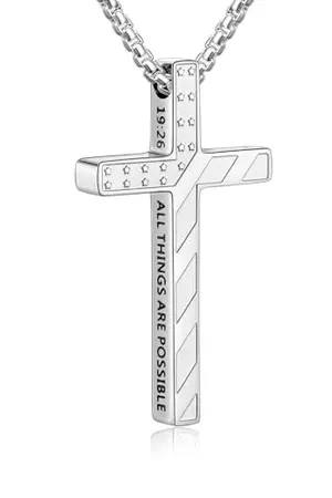 Fiusem silver tone stainless steel American flag cross necklace with inspirational scripture