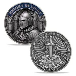 Masonic Knight of Light challenge coin with knight and sword in stone design