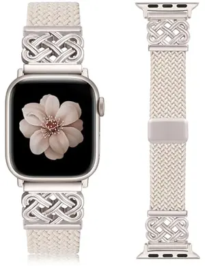 TOYOUTHS black Celtic-knot patterned nylon Apple Watch band with magnetic clasp on a wooden table