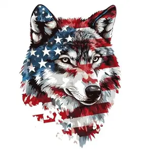 Large waterproof vinyl decal of a wolf head with American flag pattern